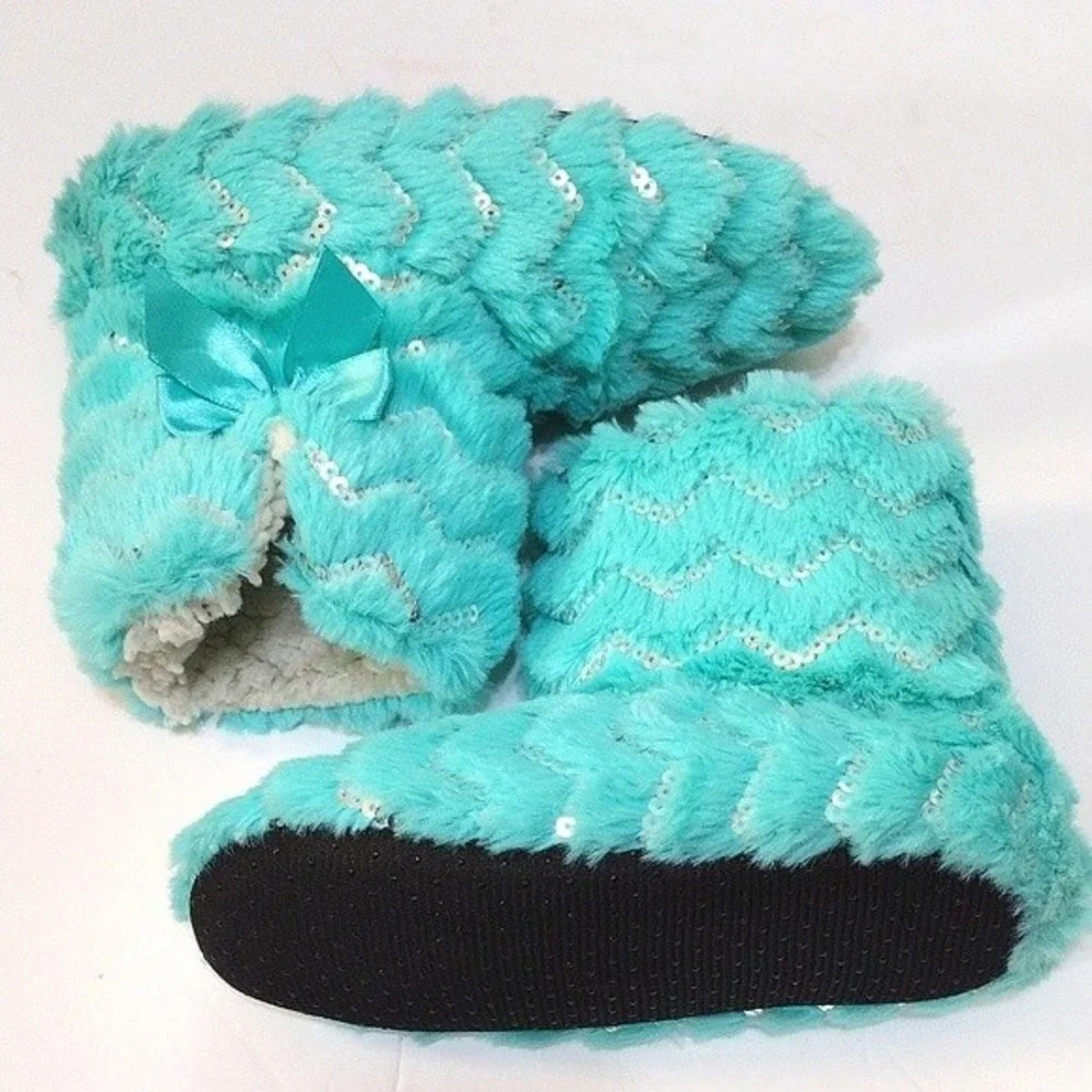 Total Girl Plush Faux Fur Slipper Boots Aqua Chevron Sequin House Shoes S/M